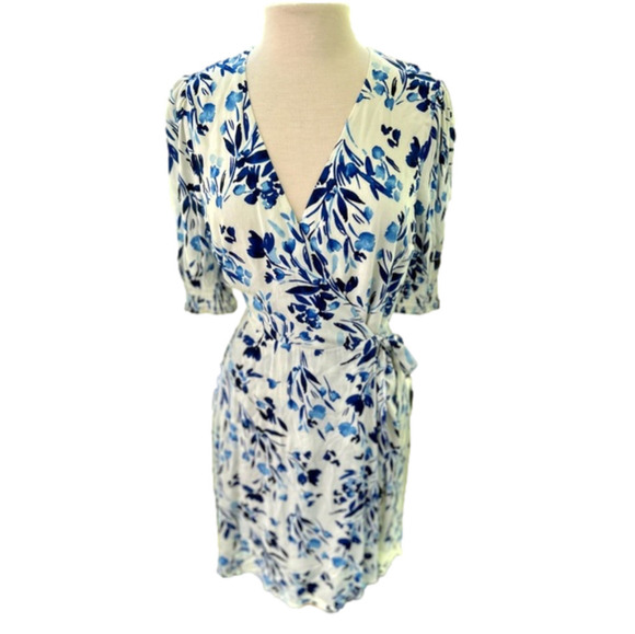 NEW Banana Republic Floral Wrap Dress Blue and White Size 8 Tall 1/2 Sleeve - Picture 1 of 11